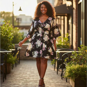 Romantic Gypsy Boho Kimono Sleeve Floral Midi Dress Womens 3X Hippie Cottage